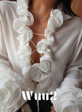Wuu2 帕尔马少女 纯欲立体花朵荷叶边绑带白色衬衫女设计感小众秋