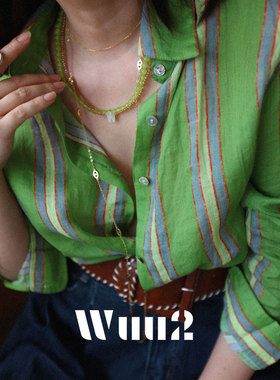 Wuu2 罗勒龙舌兰 绿色条纹苎麻衬衫女长袖宽松休闲外套上衣防晒夏