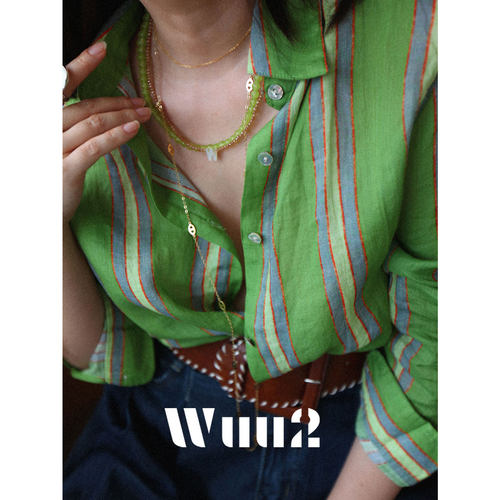 Wuu2绿色条纹苎麻衬衫设计感