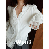 法比耶纳 法式 复古浪漫蕾丝白色衬衫 Wuu2 女荷叶袖 花边绝美上衣