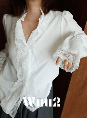 Wuu2 法比耶纳 法式复古浪漫蕾丝白色衬衫女荷叶袖花边绝美上衣