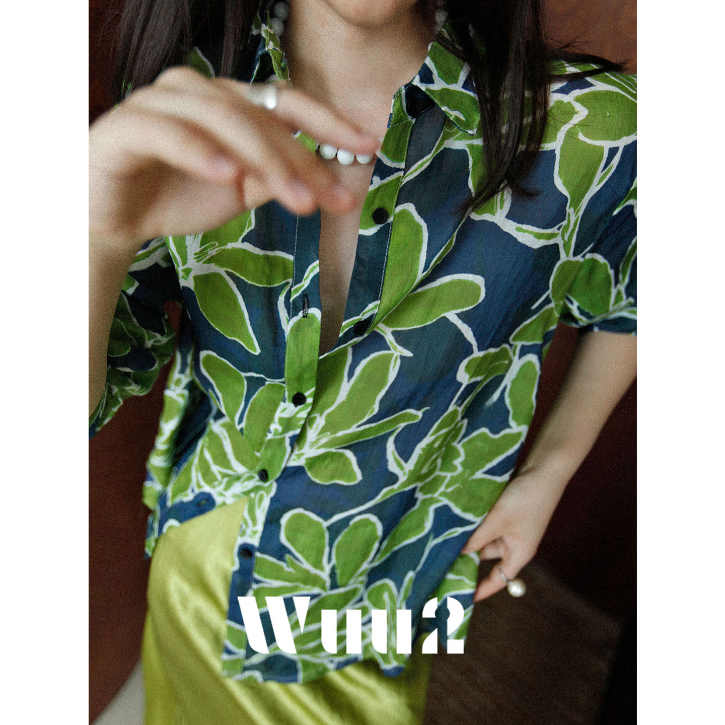 Wuu2 青山天竺葵 复古风绿色印花苎麻衬衫女宽松透气防晒上衣夏季