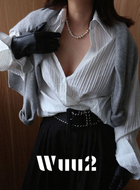 Wuu2 平行时空 立体褶皱肌理白衬衫女宽松挺括量感衬衣雕塑感上衣