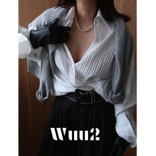 Wuu2 平行时空 立体褶皱肌理白衬衫女宽松挺括量感衬衣雕塑感上衣