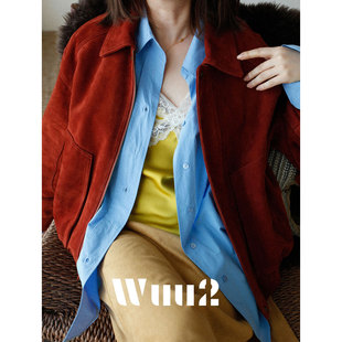 Wuu2 复古老钱进口羊反绒麂皮红棕夹克女宽松廓形机车外套 杀疯了