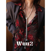 Wuu2 女气质独特别致高级感上衣秋 复古红色碎花衬衫 伯爵毒药 法式