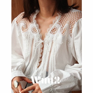 Wuu2 茱莉亚诺 重工立体刺绣蕾丝巴洛克白衬衫设计感小众镂空上衣