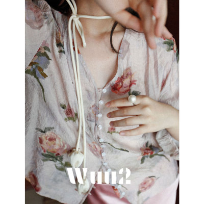 夏季天丝超薄七分袖复古花衬衫女