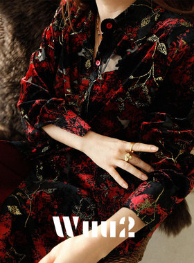 Wuu2 血腥玛丽 复古暗黑风洒金红色丝绒衬衫女长袖花卉小众上衣