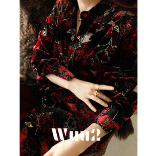 Wuu2 血腥玛丽 复古暗黑风洒金红色丝绒衬衫女长袖花卉小众上衣