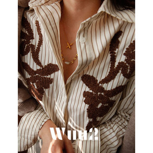 Wuu2 奥罗可可 复古图腾立体毛巾刺绣条纹衬衫女内搭叠穿长袖上衣