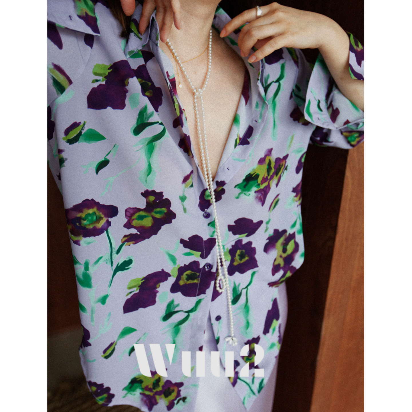 Wuu2 南风虞美人 中古绝美印花垫肩衬衫女宽松设计感丝滑垂感紫色