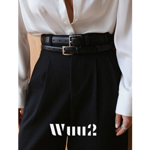 Wuu2 宽窄百搭 高级感极简row双层黑色牛皮中性腰带银扣皮带基础款