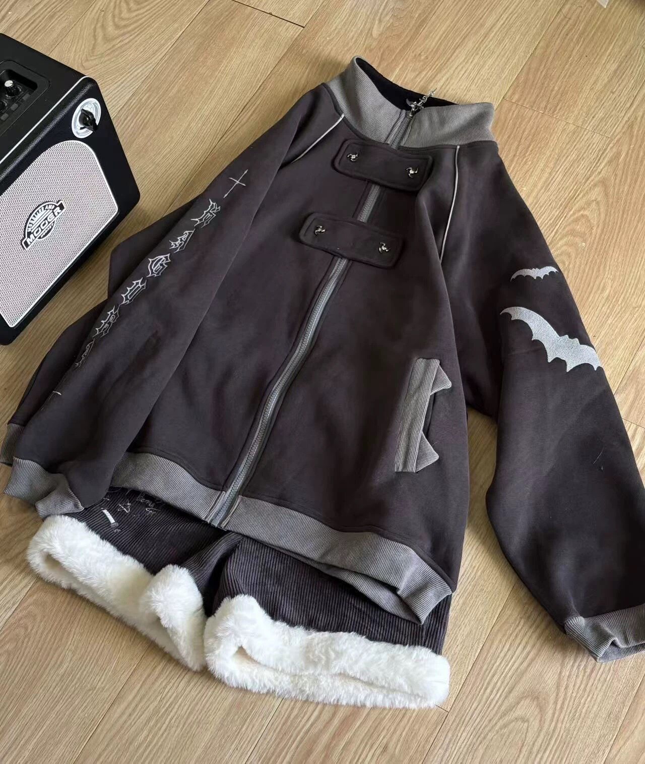 thumbnail for Dark gray subculture stand-up collar sweatshirt jacket Japanese teenage sense light Asian wear cute loose Asian sense top