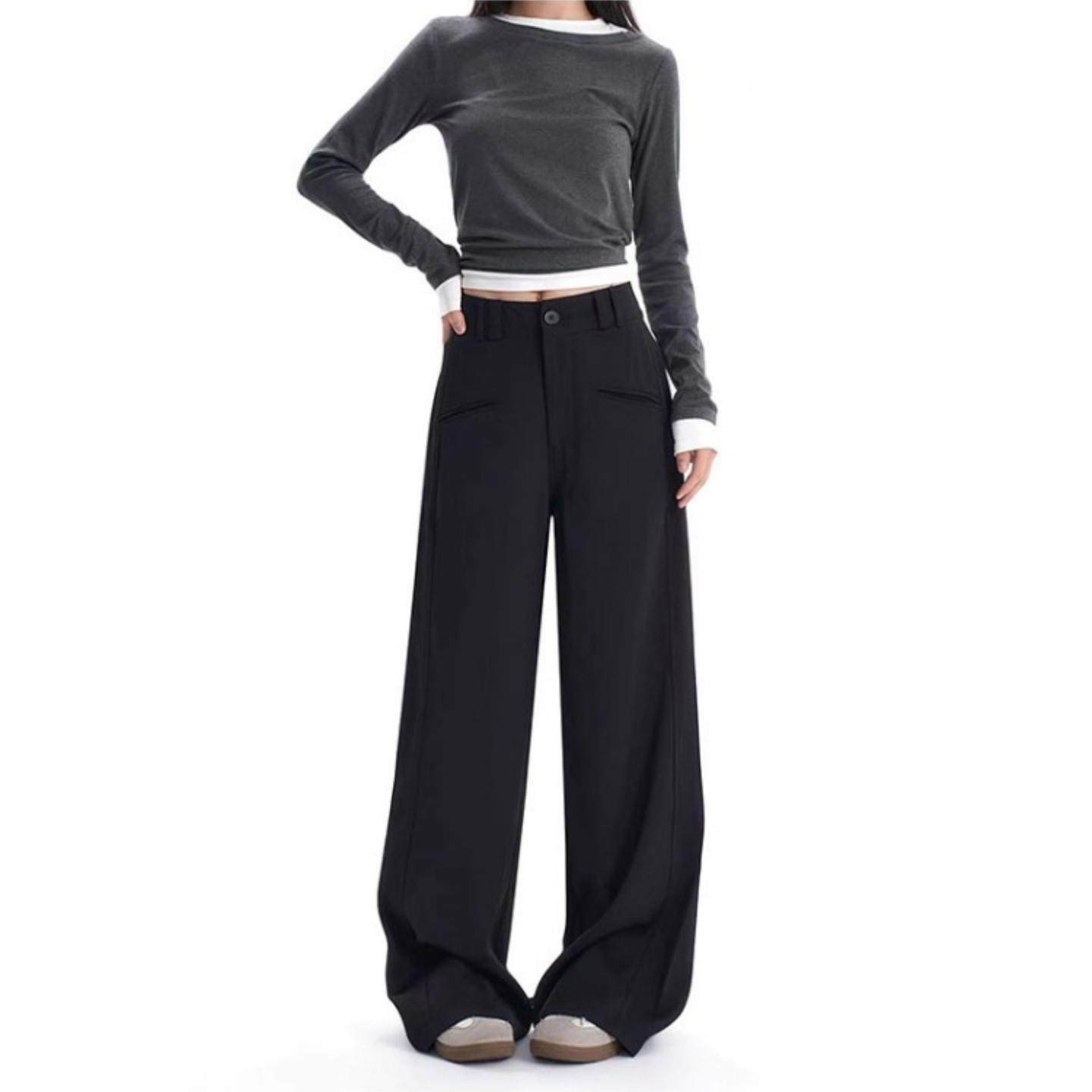 大码高腰西装女秋冬显加梨绒加厚胖mm型66252身材宽裤松瘦微喇休