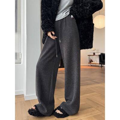 灰色阔腿裤加绒裤女2025新款TVS冬直筒休闲垂子坠感糯加厚米裤小