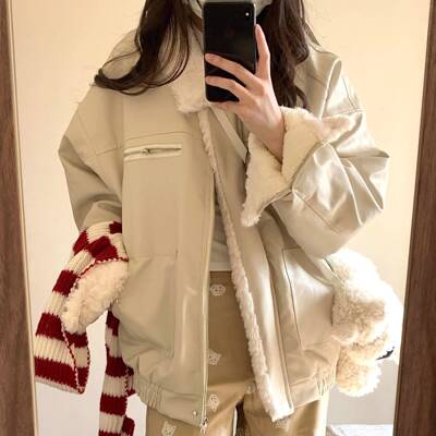 式翻领羊羔毛夹款克棉服女季慵懒风加绒加厚FYD美韩版情侣棉冬衣