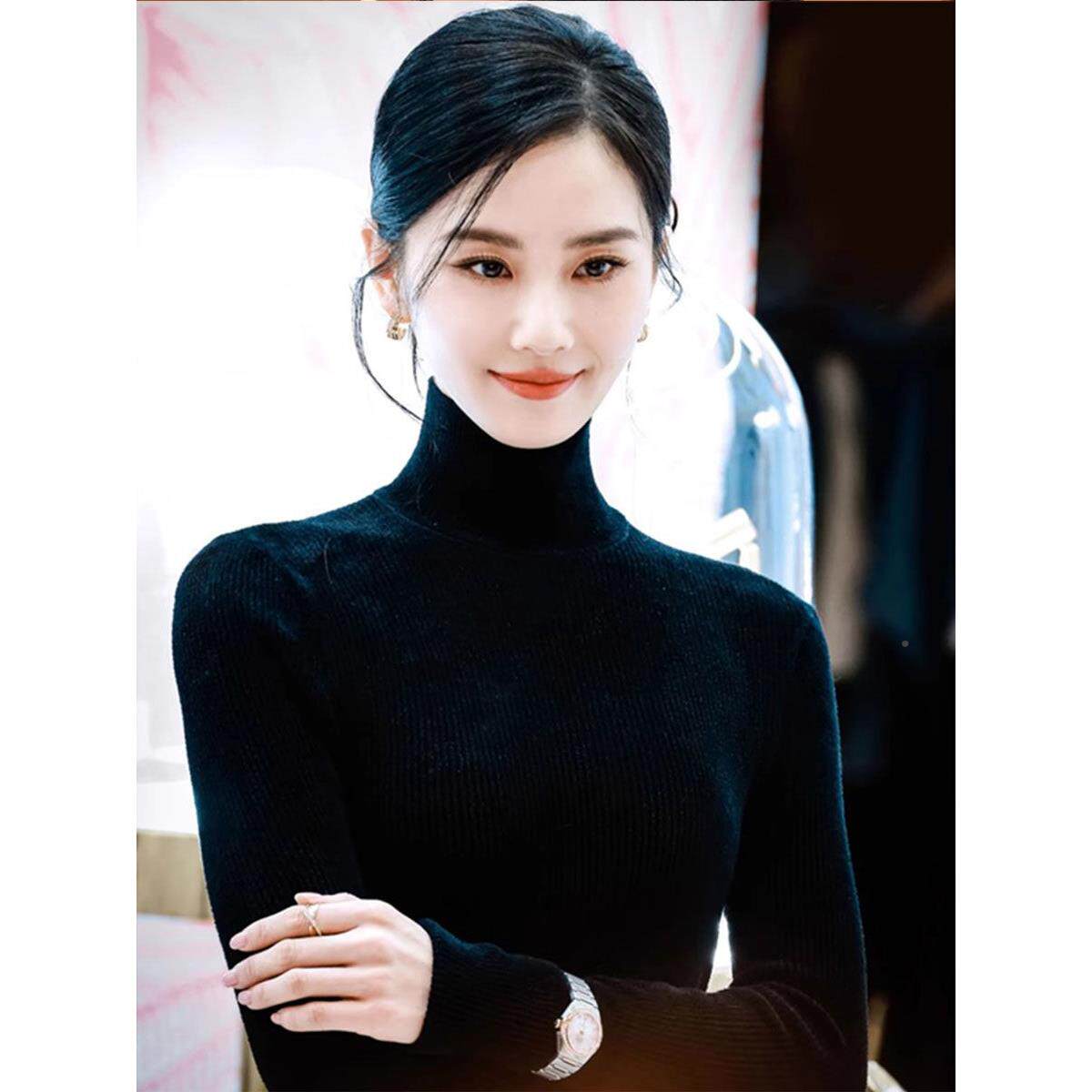 刘诗诗衫款黑色打底女2同04395秋冬无缝1紧00纯羊绒衫半高领身女