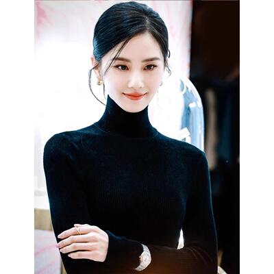 刘诗诗衫款黑色打底女2同04395秋冬无缝1紧00纯羊绒衫半高领身女