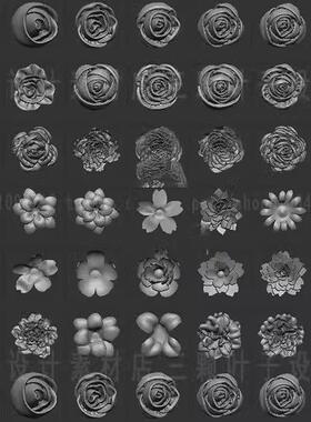 Zbrush织物花朵IMM笔刷50款zbp/obj 礼服装饰花卉 zb雕刻素材3059