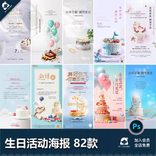 生日宴会晚会周年庆蛋糕烘培邀请函祝福活动插画海报psd设计素材