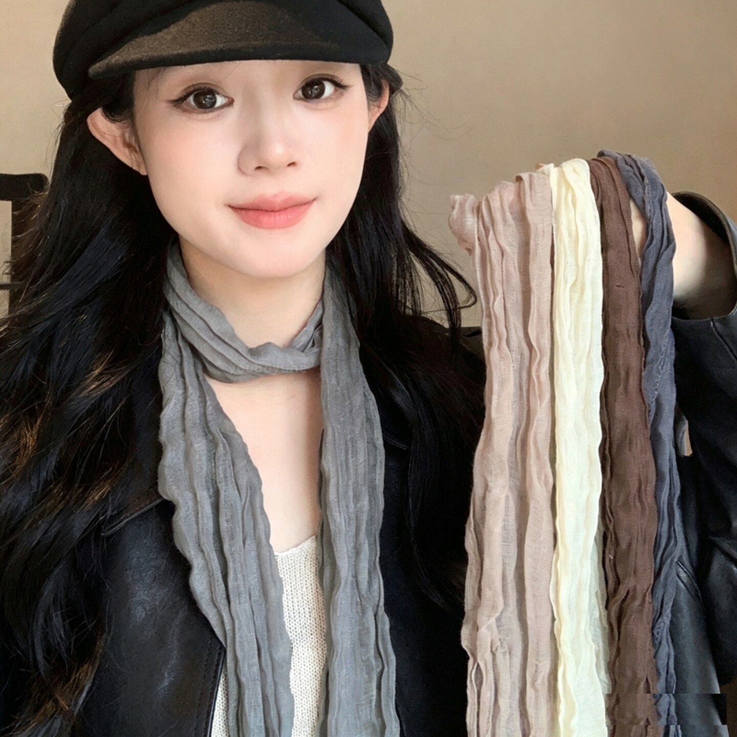 丝巾系脖文艺感复古侘寂压皱长条仿棉麻围巾日系秋冬氛围百搭披肩