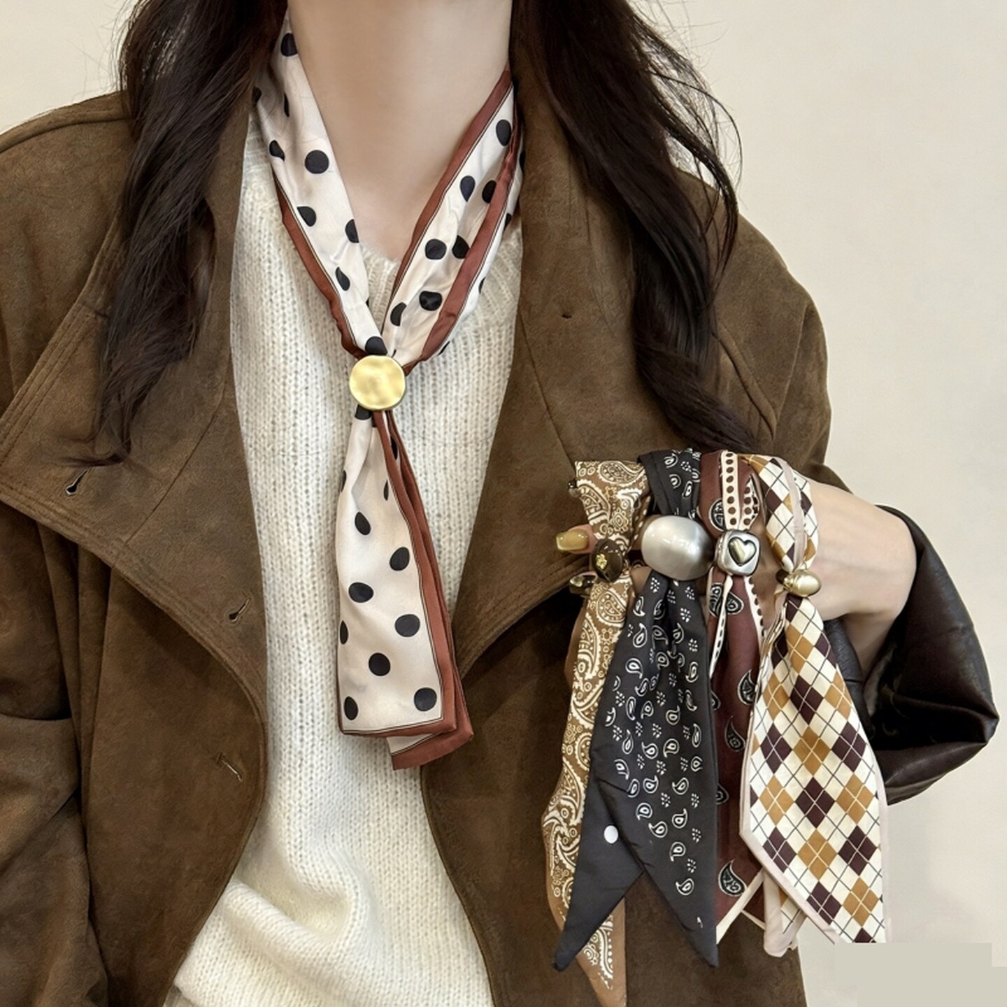 系脖丝带韩系棕色格纹串珠丝巾项链抽拉长款早春复古颈部装饰