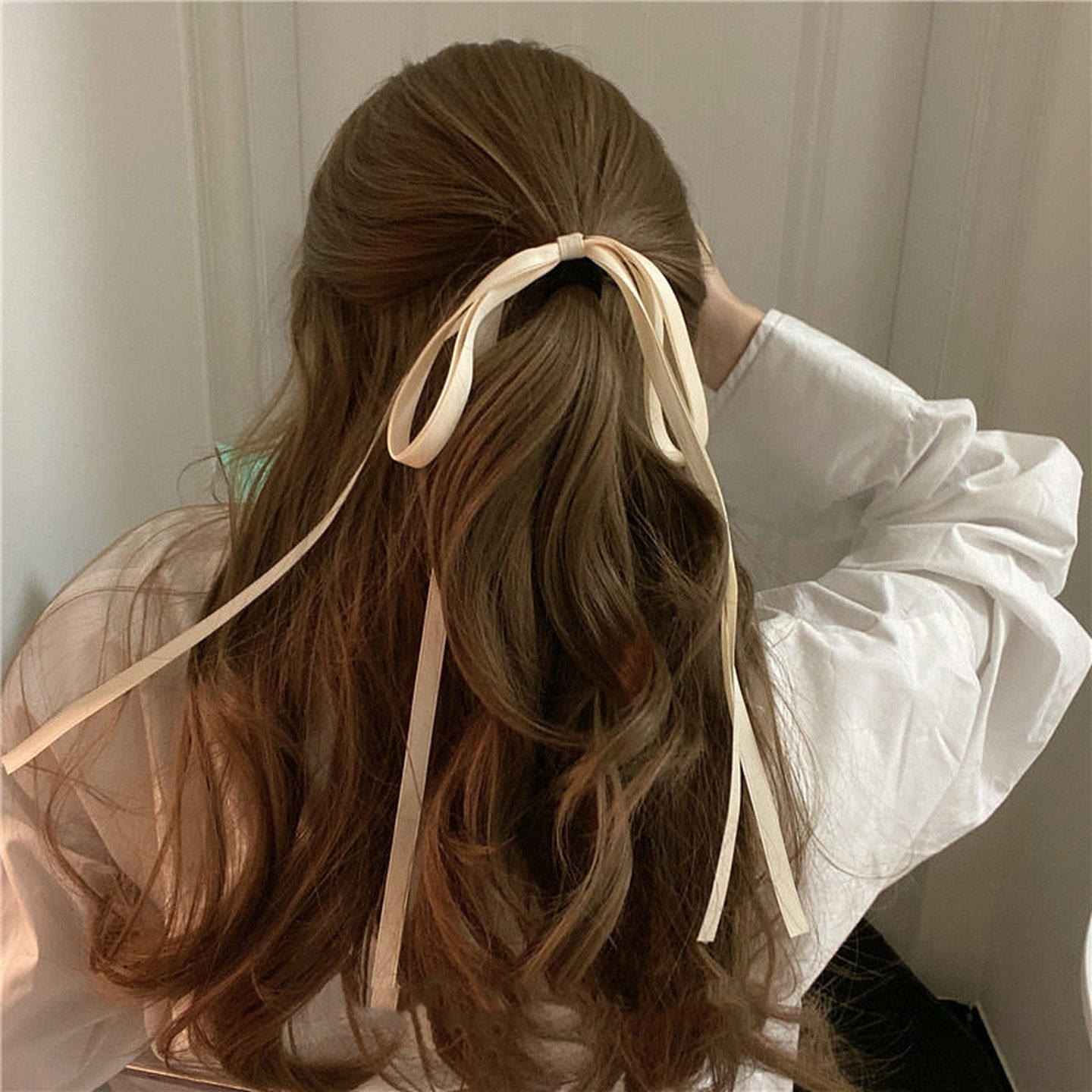 丝带发绳韩系白色蝴蝶结飘带发夹后脑勺高级感头饰少女丝带长飘带