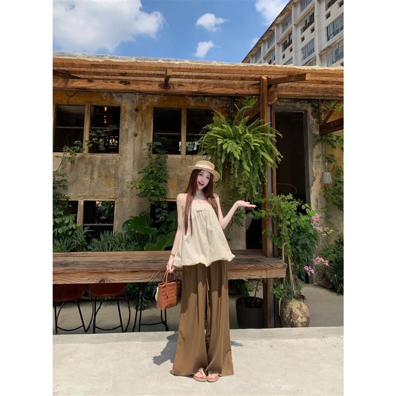 kumikumi自制套装杏色显瘦吊带背心女夏季垂感休闲裤直筒裤两件套图片