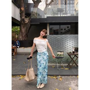 kumikumi气质套装飘带褶皱一字领T恤女夏季碎花包臀半身裙两件套