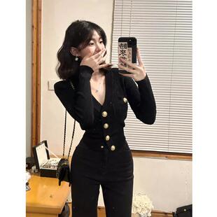 黑色深v领小香风针织开衫女春秋高级感法式修身显瘦内搭短款上衣