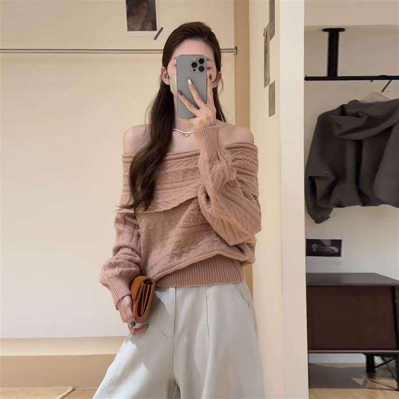 韩系松弛感一字肩麻花毛衣女秋冬甜美温柔风粉色加厚套头针织上衣,女装/女士精品,毛针织衫,淘宝优惠券,粉丝福利购,淘宝优惠卷