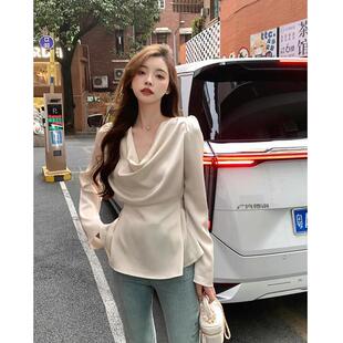高端流光缎面喇叭袖衬衫女春秋堆叠感荡领衬衣设计感绑带收腰上衣