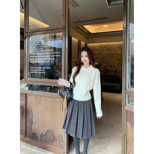 kumikumi温柔风杏色麻花翻领收腰针织衫女秋冬百褶半身中裙两件套