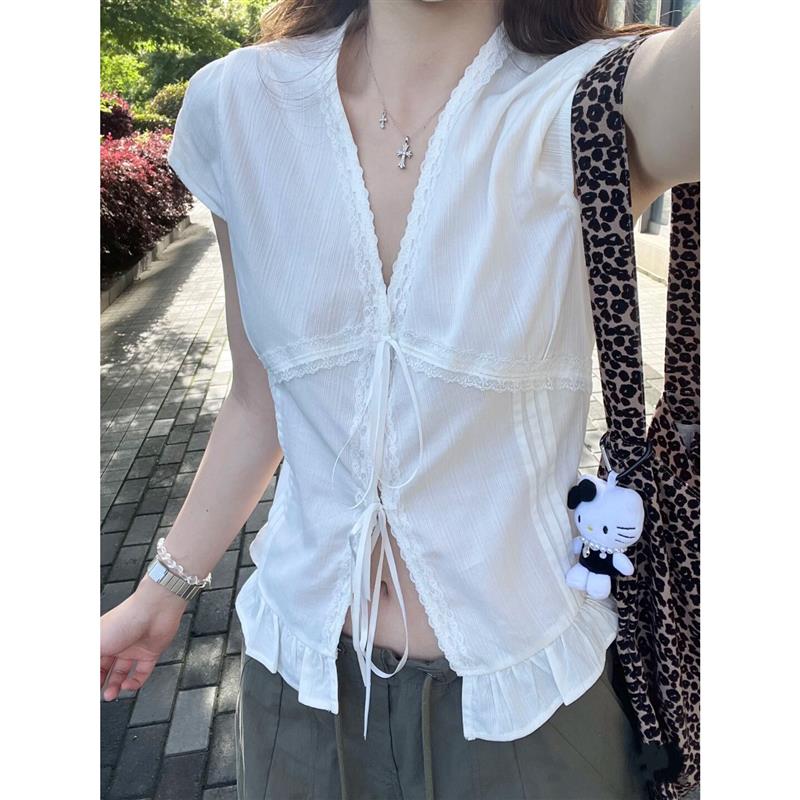 kumikumi温柔风纯色蕾丝花边绑带短袖衬衫女春季减龄休闲显瘦上衣图片