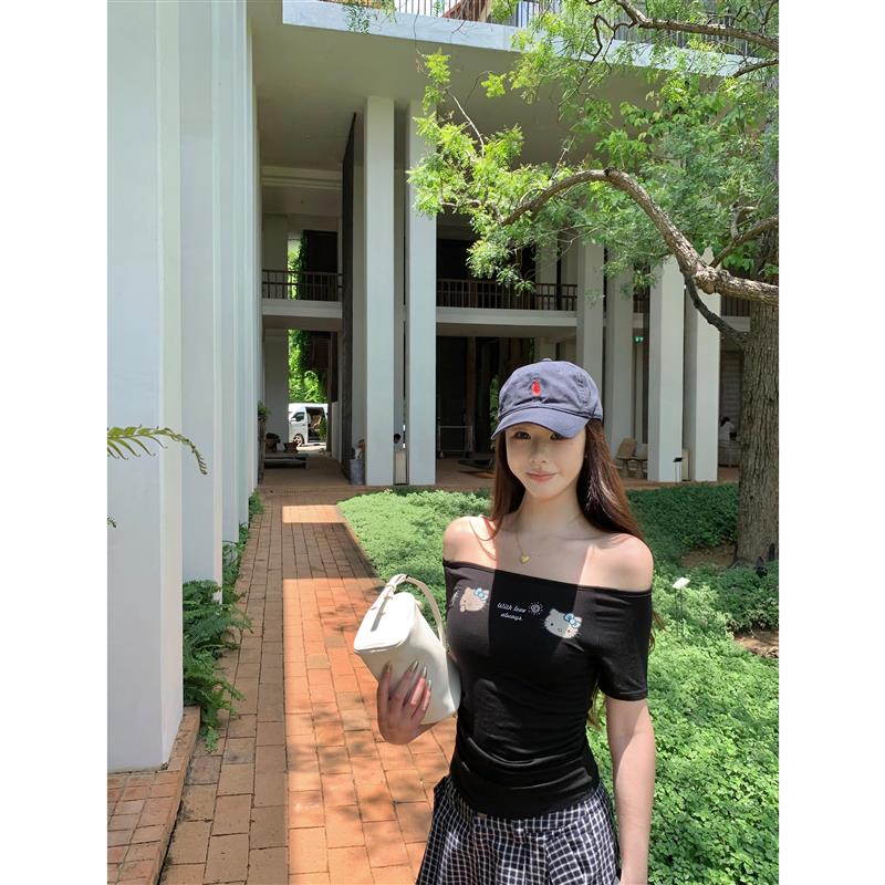 kumikumi自制辣妹风印花一字肩T恤女装夏季收腰显瘦百搭短袖上衣图片