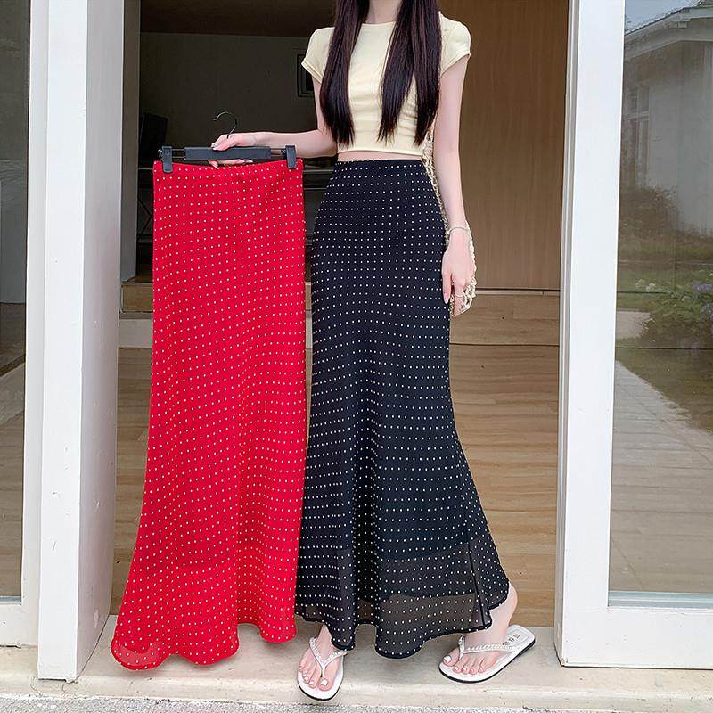 2025夏季新款红色波点半身裙女复古高腰显瘦鱼尾百搭中长雪纺长裙,女装/女士精品,半身裙,淘宝优惠券,粉丝福利购,淘宝优惠卷