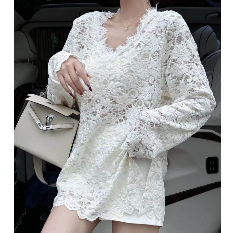 白色V领蕾丝提花刺绣雪纺衫女秋冬凡尔赛高端精致中长款开叉上衣
