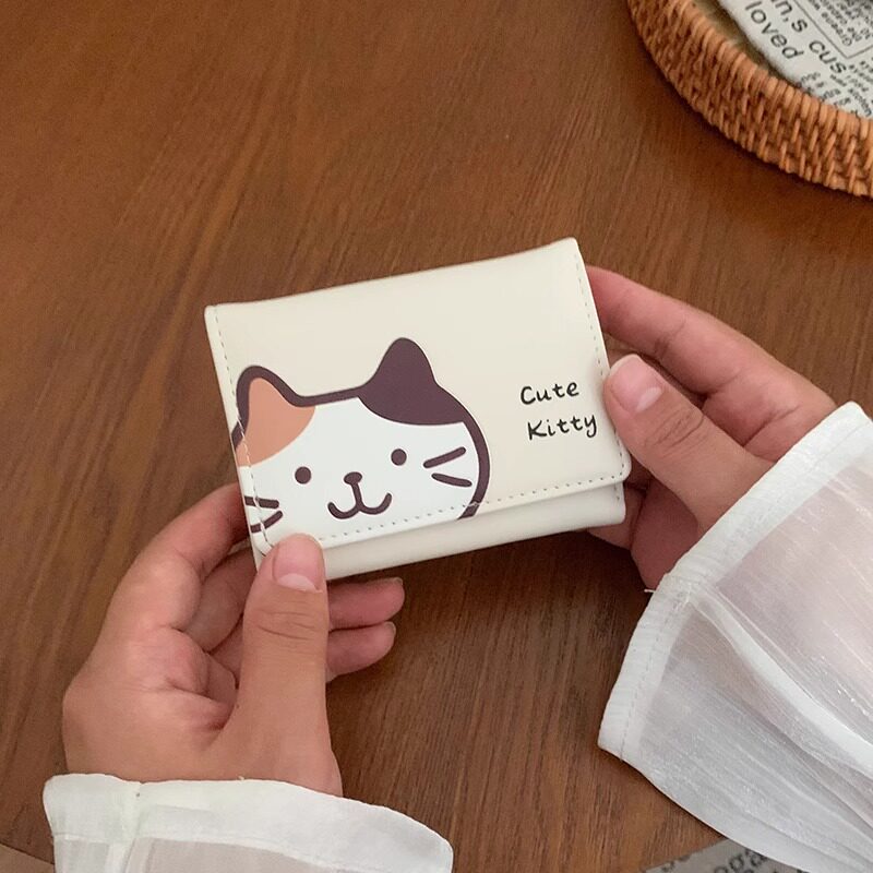 新款韩版卡通可爱猫咪短款钱包女三折折叠卡包零钱包学生证件钱夹