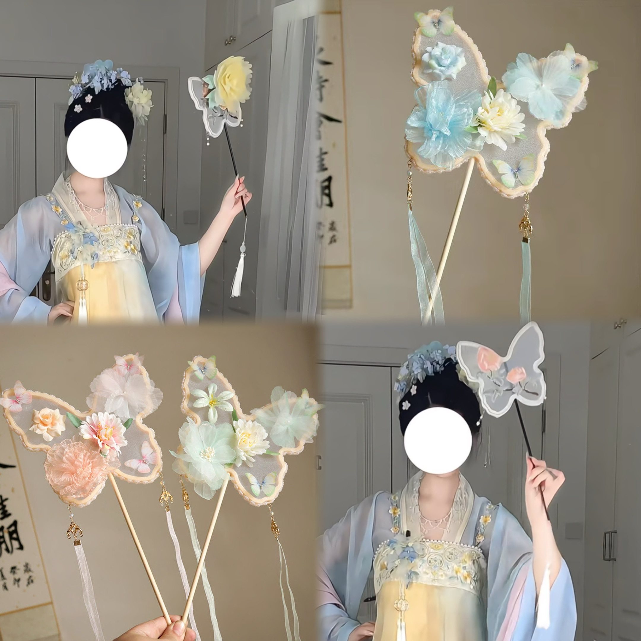 蝴蝶绢花长柄团扇汉服舞蹈COS拍照手持扇古风仙气飘带流苏团扇