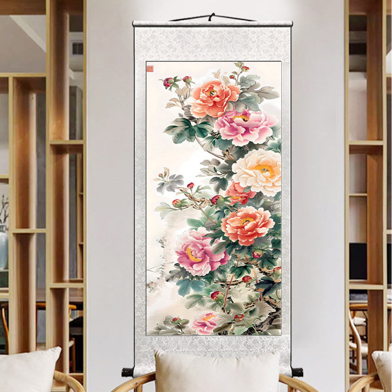 竖版国色天香牡丹卷轴挂画客厅字画玄关入户山水花鸟大气装饰国画