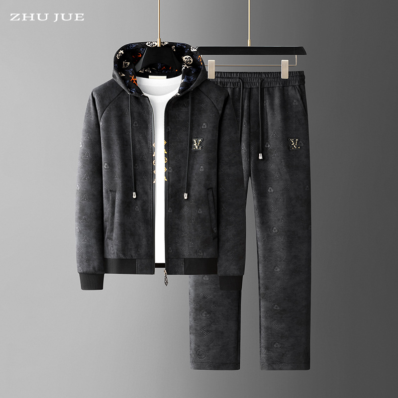 轻奢压花连帽男装两件套