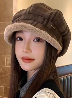 小头围超好看冬帽复古格纹毛绒贝雷帽渔夫帽子女秋冬季显脸百搭盆