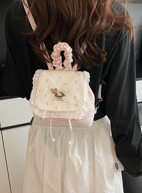 时尚可爱少女风迷你包包女2026年新款甜美高级感蕾丝边格子双肩包