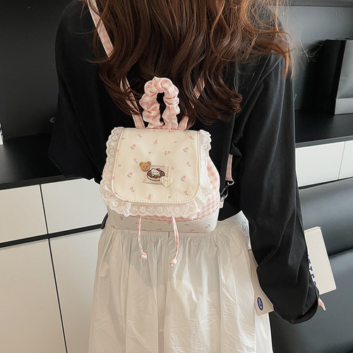 时尚可爱少女风迷你包包女2026年新款甜美高级感蕾丝边格子双肩包