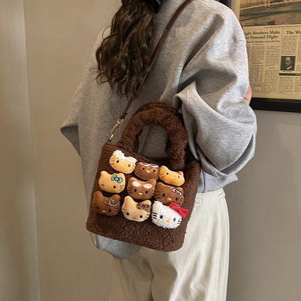 可爱高颜值Hellokitty毛绒手拎包包女冬季爆款时尚百搭单肩斜挎包