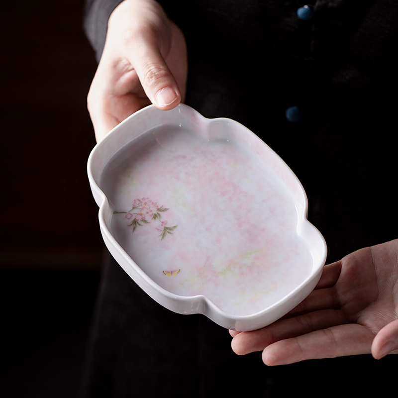 速发纯手绘桃粉家承干泡台创意陶瓷釉上贴绘垫哥壶用简约盖碗壶巴