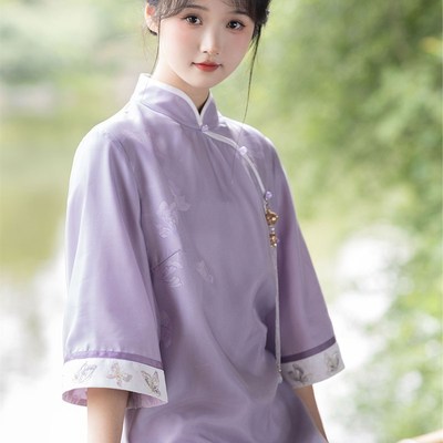 速发国色改良旗袍秋02年新款春2禅意茶服连衣裙七分袖新中式紫风