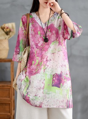 速发码古棉麻花色五分袖夏中长款宽松头领休闲大复套V苎麻上衣