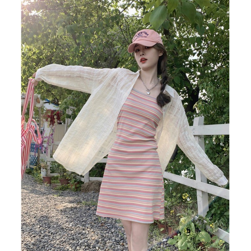 速发多巴胺彩色条纹针织吊带连衣裙夏季海度边假气质辣妹短裙小个图片